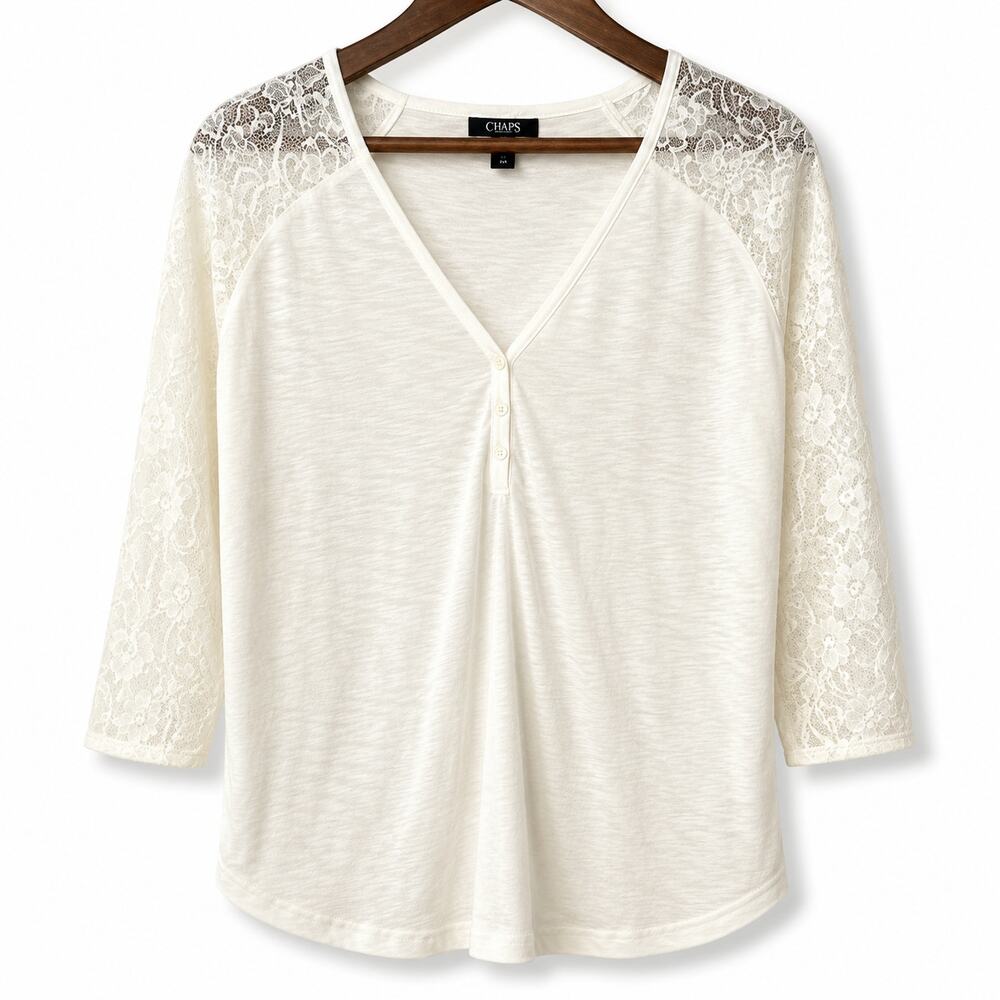 Chaps Off White Lace Sleeve Henley Top Women's Large 3/4 Sleeve Cotton Boho
